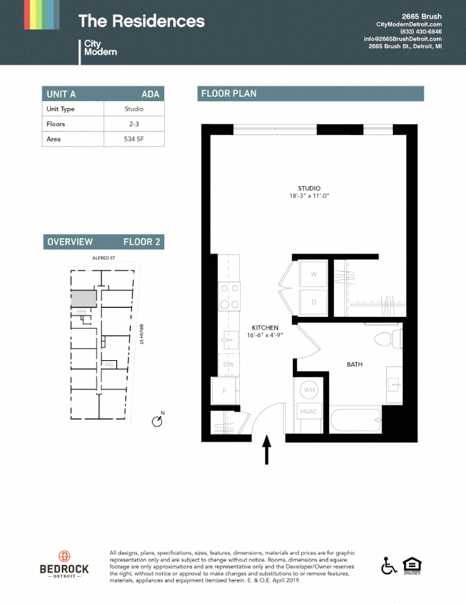 Floor plan for studio, 1 bath, 534 sqft